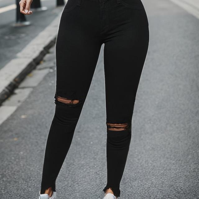 TEMU [1pc Ripped High- Jeans] 1pc Women's High-waisted Stretch Denim Jeans, Casual Solid Color Ripped Long Pants With Built-in Zipper, Slim , 100% Woven Fabric, 390g/m² Weight