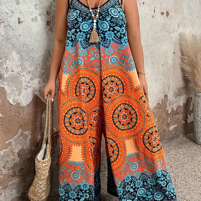 TEMU Women's Bohemian Jumpsuit - Plus Size Paisley All- With Spaghetti Straps & Side Ties, Machine Washable Mid-stretch Fabric For Vacation, Beach, Casual , Vacation Outfit, Nontransparent Material