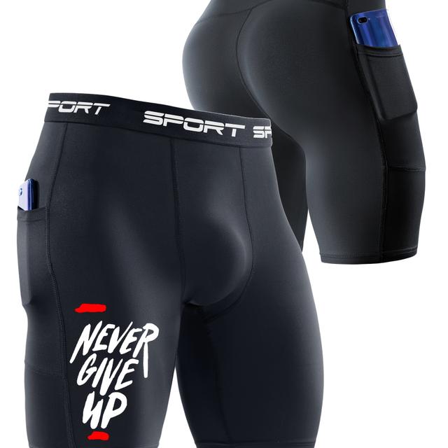 TEMU 남성용 피트니스 쇼츠 1개, 주머니 포함, "NEVER GIVE UP" 레터링, 스포츠 및 달리기용 무릎 기장 바지, 높은 신축성 속건성 농구 훈련용 압박 타이츠