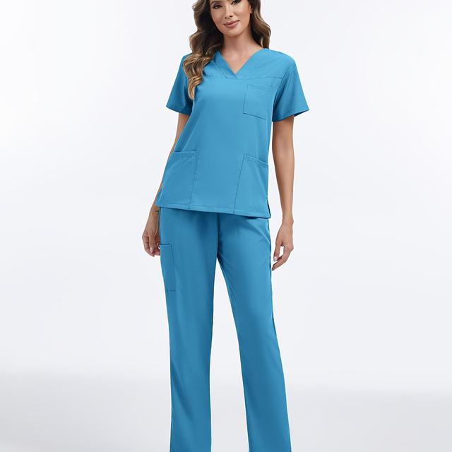 TEMU Stylish Casual Women' Color V-neck Multi-pocket Workwear Set With Scrub Top And Frosted Print Pants