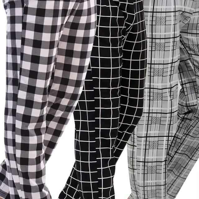 TEMU 3-pack Men's Pattern Casual Pajama Pants, Polyester Knit Sleepwear Bottoms With Pockets, Loose Trousers For