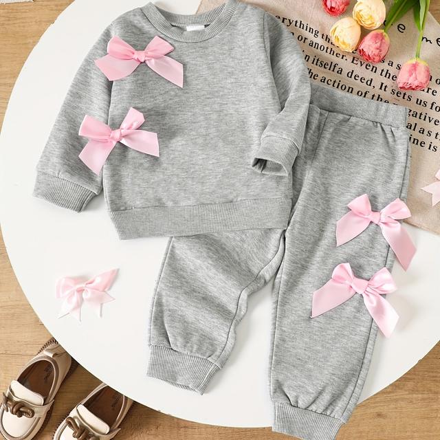 TEMU Girls' Autumn And Winter Cute Casual Three-dimensional Bow Round Neck Pullover Sweatshirt With Long Pants Set, Suitable For Daily Wear, Outdoor Sports, A For Girls' Gifts, Outdoor