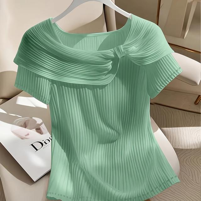TEMU Ladies' Elegant Petal-collar Short-sleeve T-shirt With Slim-fit Fashionable Shirt Top