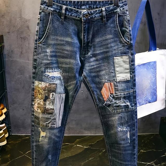 TEMU Slim-fit Embellished Bear Patch Denim Pants - Streetwear Jeans With Embroidery, Machine-washable - Wear For Casual & Western Outfits ( Sizing)