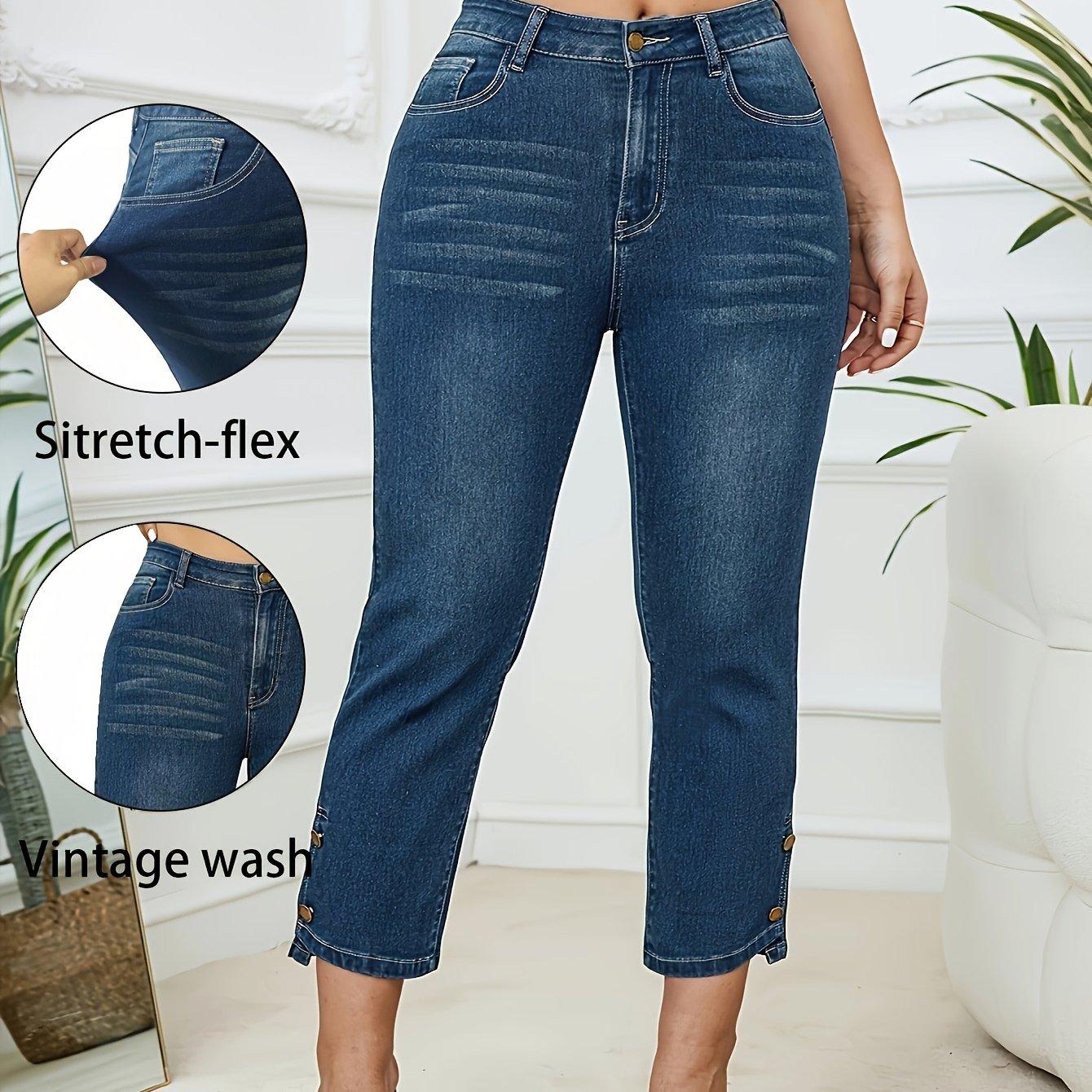 TEMU Nouveau pantalon court en jean décontracté à taille haute, de couleurs, élastique moyen-haut, couleur nostalgique, printemps/été, femme, 228082