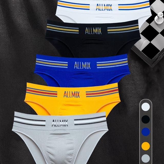 TEMU 5-pack Men's Sexy Letter Print Boxer Briefs, Low-rise Seamless Athletic Underwear, Polyamide 96% Spandex 4%, Medium Stretch Knit Fabric, 150gsm - Assorted Colors