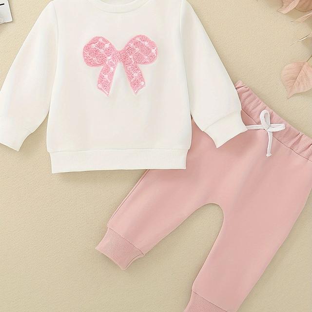 TEMU Yt2420 Girls Pink Bow Top + Long Pants 2 Piece Set