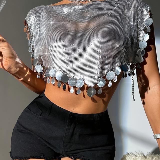 TEMU Elegant Sequin Off-the-shoulder Top With Metallic Chain Detail - Sexy Backless Design For Women, Parties And Casual Outfits, Party Wear | Look | Decorative Chains