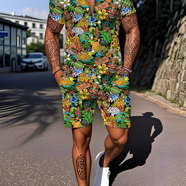 TEMU เซ็ตเสื้อเชิ้ตคอครูบันลายพิมพ์สไตล์ฮาวายพืชเขตร้อนสำหรับผู้ชาย เซ็ตเสื้อแขนสั้นและกางเกงขาสั้นสไตล์ชายหาด