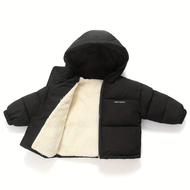 TEMU New Autumn/winter Plush -lined Black Hooded Padded Coat For Boys And Girls, Cute Baby Hooded Padded Jacket, Boys' And Baby's Padded Coat, Infant Padded Coat Top