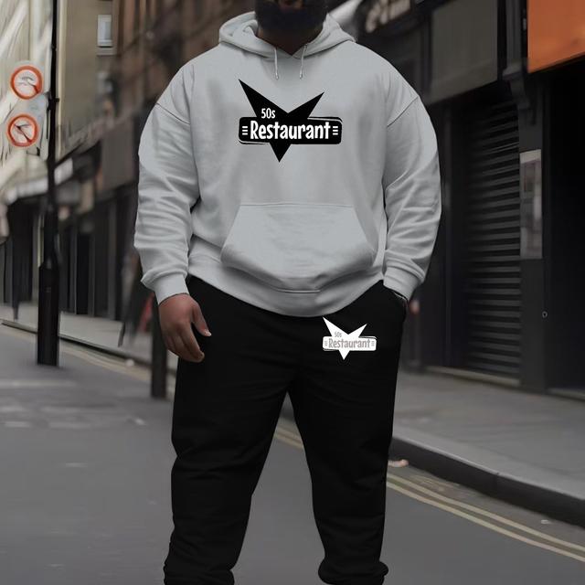 TEMU طقم هوديي رياضي عصري للرجال بطباعة مميزة بحجم كبير لفصل والشتاء، مقاس زائد