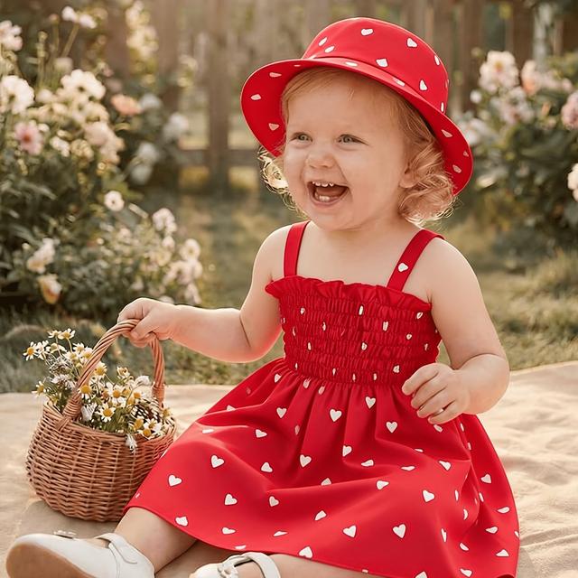 TEMU Lányok 0-3 éves nyári 2 darabos szett: Ujjatlan szív mintás csíkos kamács ruha + Hercegnő sapkás ruha, két színben kapható
