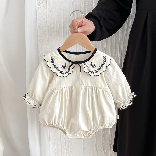 TEMU Spring And Autumn Baby And Toddler Pure Embroidered Lapel Lace Long-sleeved Jumpsuit, For Outdoor