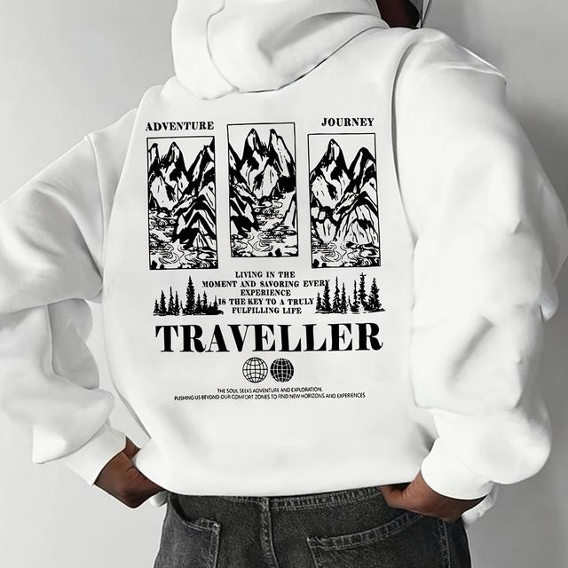 TEMU Men's Autumn Winter Alphabet Print Hooded Sweatshirt, Casual Hoodie With Pockets, Non-stretch Knit Fabric, Loose Fit, 100% Polyester, 250gsm - Traveler Themed Design