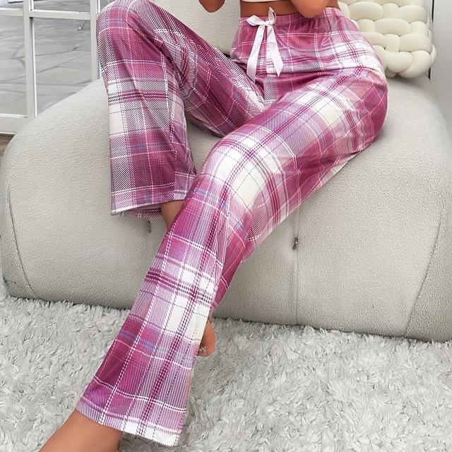 TEMU 1pc Teen Print Sleep Pants With Bow Detail - Casual Polyester Knit Fabric, Medium Stretch, Regular Fit, For Teenagers