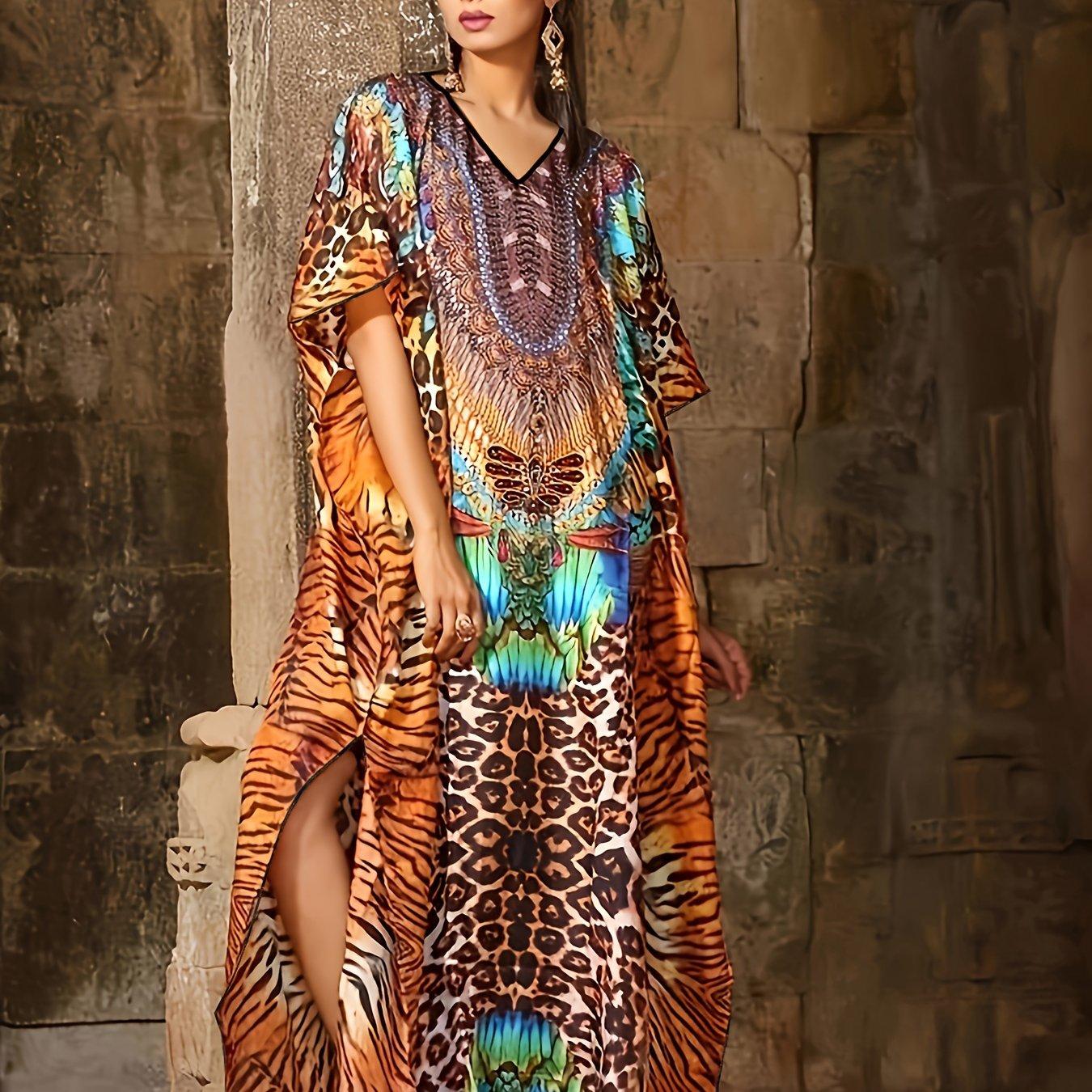 TEMU Plus Size - Plus Size - Fashionable V-neck Long Dress With Ethnic Prints, Suitable For Women, Featuring A Loose Fit And Long Sleeves