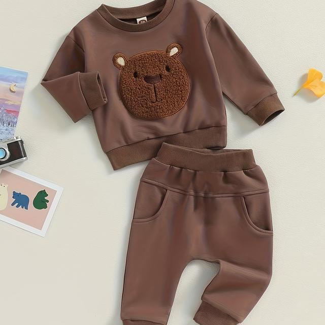 TEMU Spring/fall Baby Boy Bear Round Neck Long Sleeve Top + Solid Color Pants Set, For Outdoor