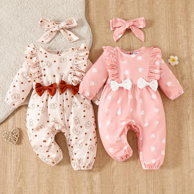 TEMU Baby Girl Hot And Comfortable, Sweet And Stylish, Heart Print With Cute Bear Long Sleeved Jumpsuit And Headscarf, 2 Mixed Outfits, Perfect For Outdoor