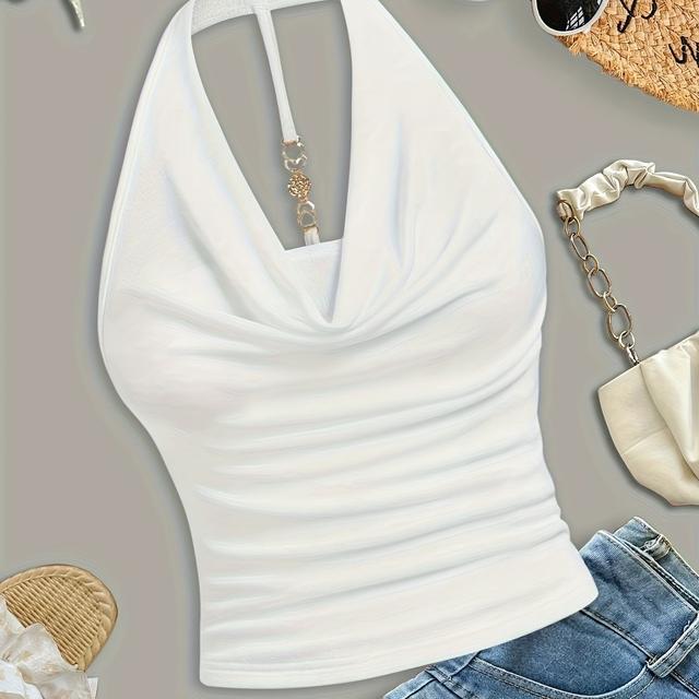 TEMU Camisola elegante y de moda para mujer con cuello halter y cuello drapeado, de color liso, de ajuste entallado, que favorece