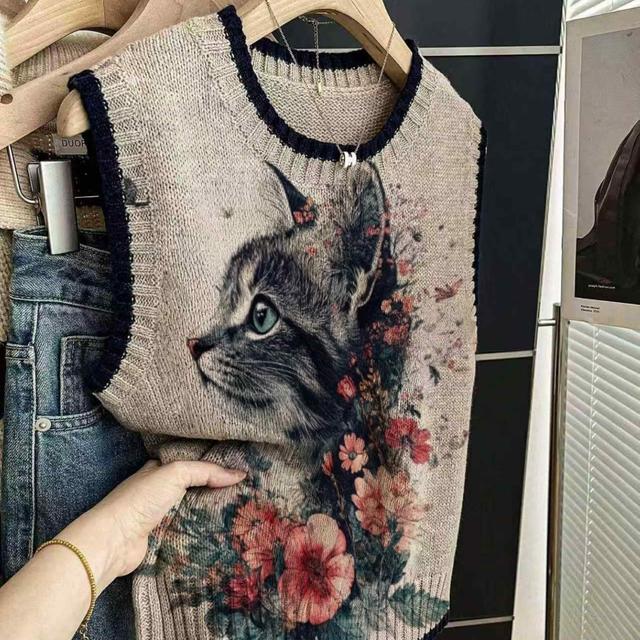 TEMU Top para mujer de , , otoño e invierno, casual, holgado, de cuello redondo, sin , con estampado de gato y ribete de bloques de color caqui, para otoño e invierno, de abrigo superior para mujer