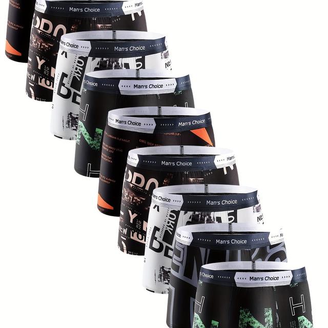 TEMU 10pcs Men's Boxer Briefs, Geometric Letter Print, 95% 5% Elastane, Medium Stretch Knit Fabric, Comfortable Underwear Set For Daily Life