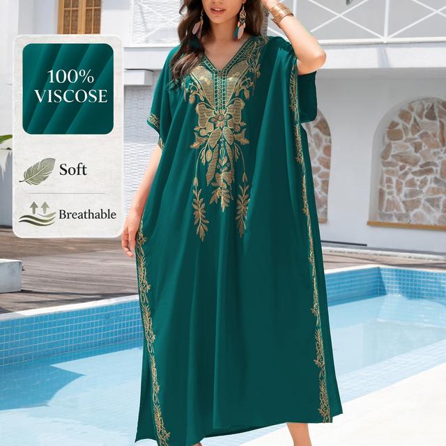 TEMU Plus Size - Plus Size - 2024 Sommer Kaftan Kleid in großen Größen für Damen mit Boho Grüner Stickerei und Fledermausärmeln, für Strandurlaube und Sexy V-Ausschnitt Style Q1702