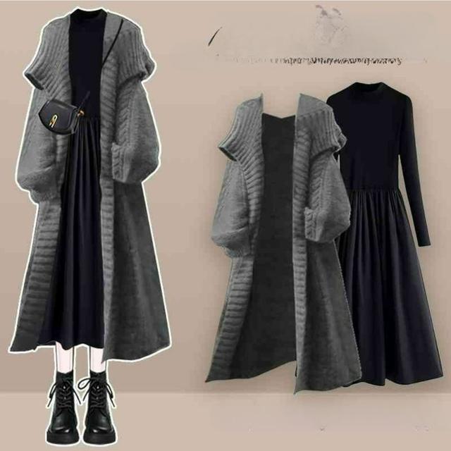 TEMU 【2025年秋冬】レディーススーツ。新作サイズのファッション。カーディガンコートとスリムドレスセット。冬のワードローブ、季節のファッション、アの裾、ドレス、心地よいニットウェア、ソフトな素材、ニットウェアコンボ。