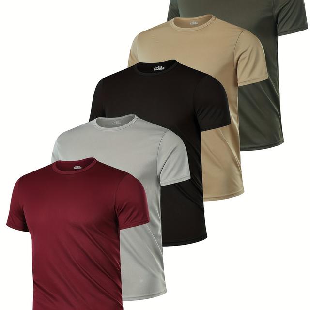 TEMU 5pcs Men's Breathable Quick-dry Running T-shirts - Solid Color Black, Short Sleeve Crew Neck, Lightweight Polyester For Summer Outdoor Sports & Casual Wear, Workout Shirts