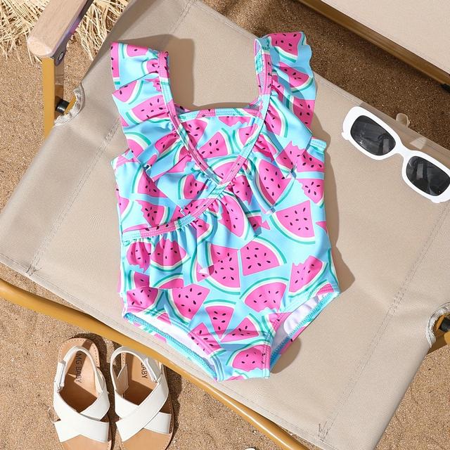 TEMU Children's Watermelon -piece Swimsuit, Girl's Flying Sleeve Open Back Cute Swimsuit, Summer Seaside Vacation Swimsuit