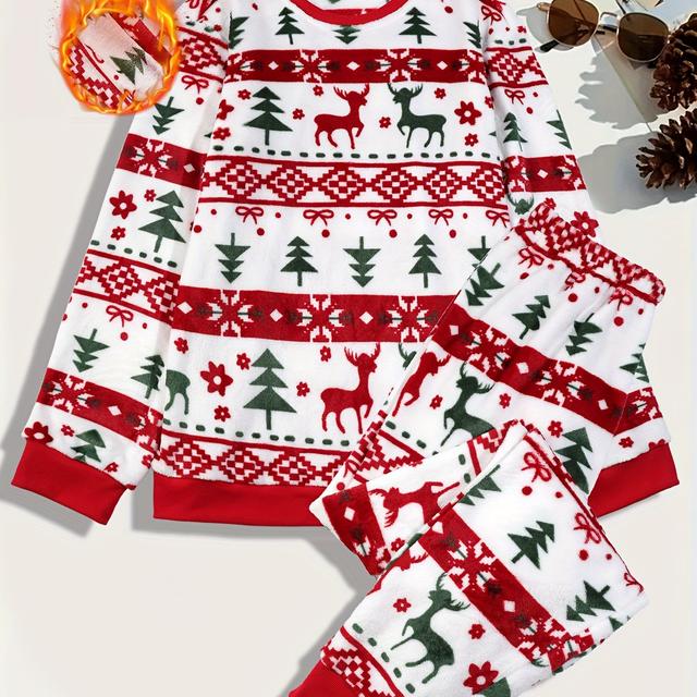 TEMU Men's Homewear Set Autumn And Winter New Year Cartoon Double-sided Flannel Round Neck Warm Sweatshirt Casual Closed Foot Long Pants Comfortable Pajamas Two-piece Set