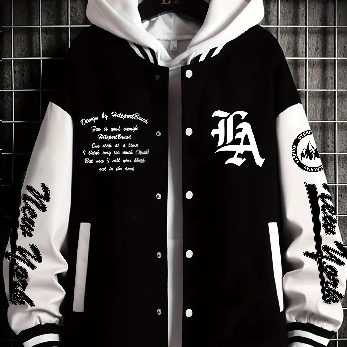 TEMU Men's Baseball Jacket, Casual Button-up, Slight Stretch, Regular Fit, Baseball Collar, Drawing Pattern, , No Lining, Breathable, Everyday Wear, Insulated, Comfortable, Fashionable Outerwear