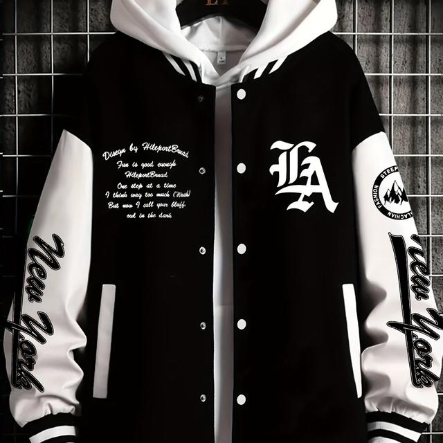 TEMU Men's Baseball Jacket, Casual Button-up, Slight Stretch, Regular Fit, Baseball Collar, Drawing Pattern, , No Lining, Breathable, Everyday Wear, Insulated, Comfortable, Fashionable Outerwear