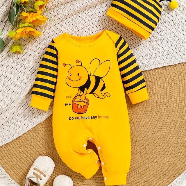 TEMU Cute Long Sleeve Romper And Antenna Hat Set For Baby Boy | Loose Fit, Color Block, Spring/summer/fall Season, For Outdoor