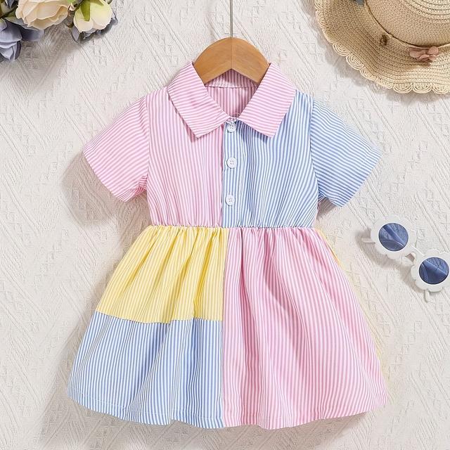 TEMU Dopamine Spring/ Striped Casual Shirt Dress, Cute, Short Sleeve, Lapel Collar, Stretch, Brief Length, Umbrella Skirt Style, Regular Fit, For