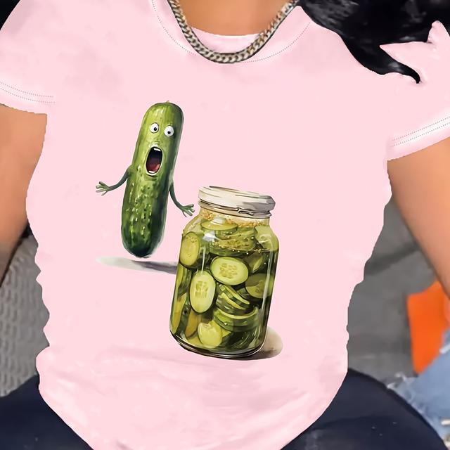 TEMU Plus Size Cucumber Print Crew Neck T-shirt, Casual Short Sleeve T-shirt For , Women's Plus Size Clothing