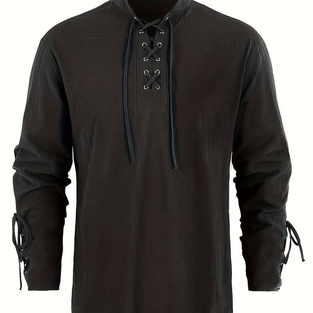 TEMU Men's Long-sleeve Medieval Pirate Shirt With A Steampunk Retro Design, Perfect For Renaissance Fairs, Viking Themes, Mercenary Costumes, And Halloween, Featuring Scottish Style