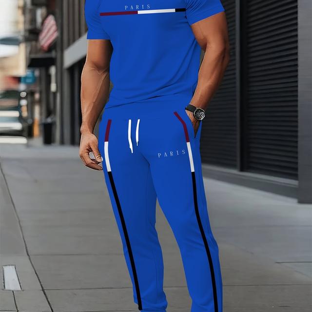 TEMU Men's Stylish Paris Two-piece Athletic Suit - Short Sleeve T-shirt & Joggers, , Casual Summer Outfit With Striped Detail, Casual Summer Wear|minimalist Sportswear|