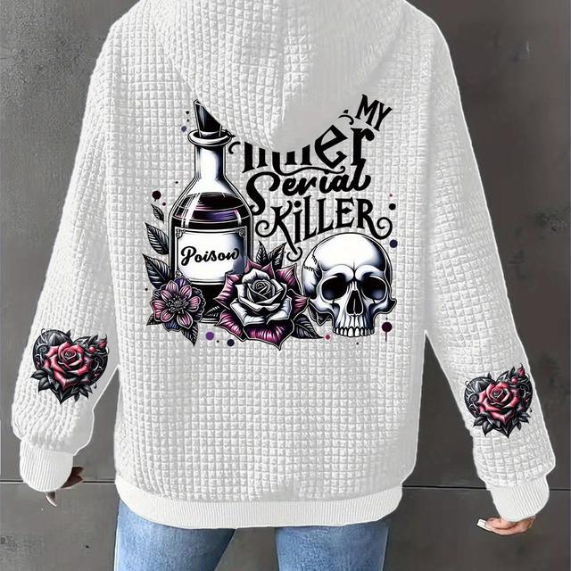 TEMU Plus Size, Plus Size Women's Graphic Print Hooded Jacket - Edgy "my Inner Demonal Killer" Design With Roses & Skulls, Casual Zip-up Long Sleeve Coat With Pockets, Machine Washable Outerwear