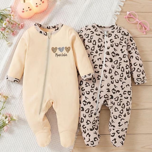 TEMU 2pcs Girls' Spring/autumn Casual Round Neck Long Sleeve Heart Letter Print Leopard Print Zipper Footed Romper, Outdoor Play, Girls' Clothing, Perfect For Outdoor