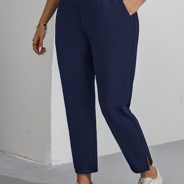 TEMU Elegant Solid Color Straight-leg Pants With Pockets, Knit Polyester Fabric, Machine Washable - All