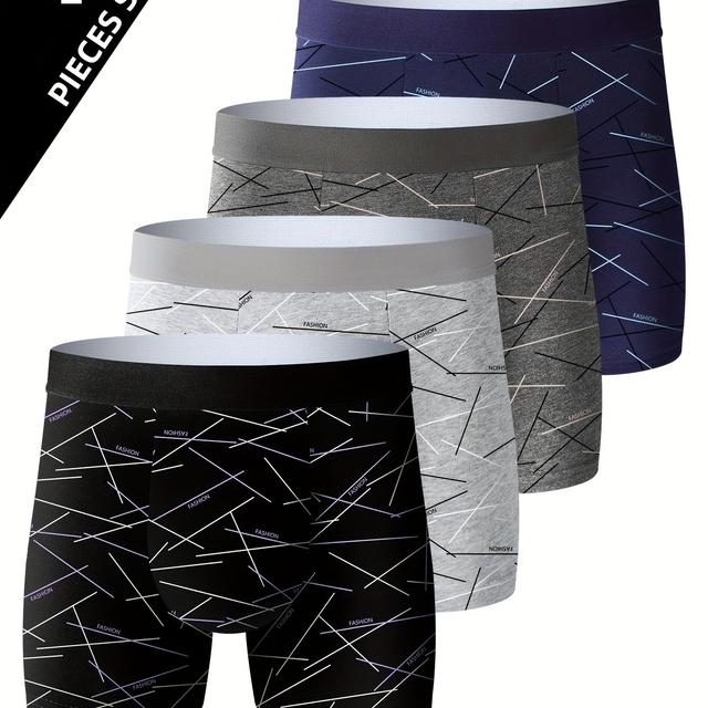 TEMU 4-Pack de bóxers para hombre, suaves y cómodos, ropa interior deportiva holgada, casual y de moda, de rayas simples, de poliéster con spandex, ropa de uso y de ocio, bóxers de corte regular.