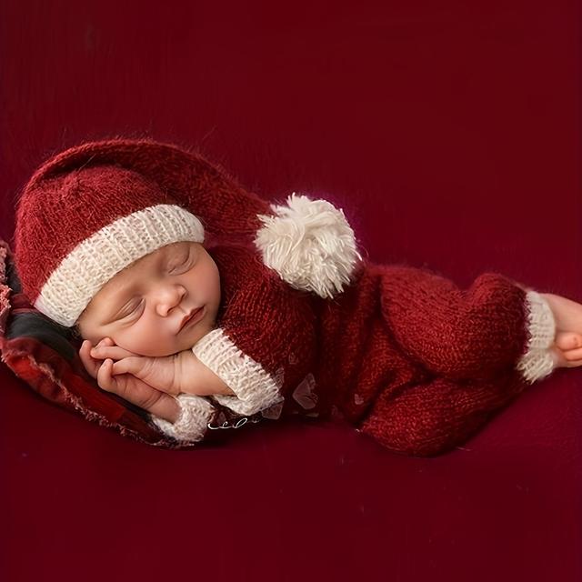TEMU New Newborn Photography With Christmas Theme, Featuring A Hat And Jumpsuit Set