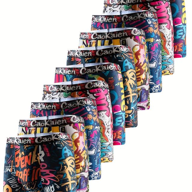 TEMU 10-pack New Graffiti Print Men's Long Boxer Briefs, Thin Comfortable Breathable Stretch Quick-dry