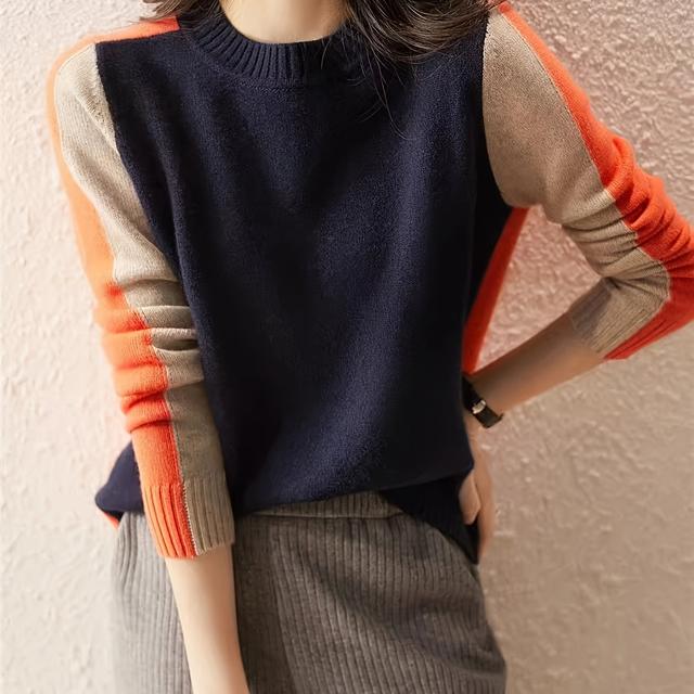 TEMU a blocchi di da donna, pullover lavorato a maglia casual elasticità, top in viscosa a maniche lunghe per tutte , peso del tessuto 350 g/m²