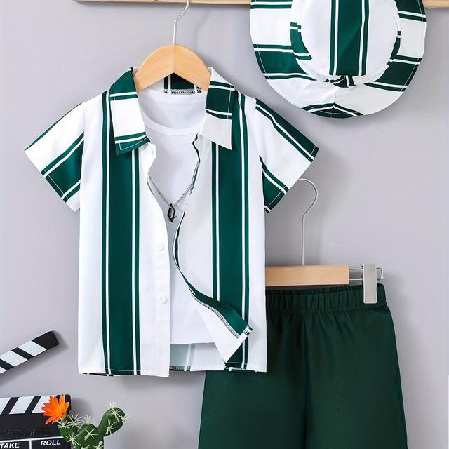 TEMU 3pcs Set Of Casual Striped Short-sleeved Shirt With Turn-up Collar, Workwear Pocket Shorts And Hat For Boys, Comfortable Summer Clothing For Boys