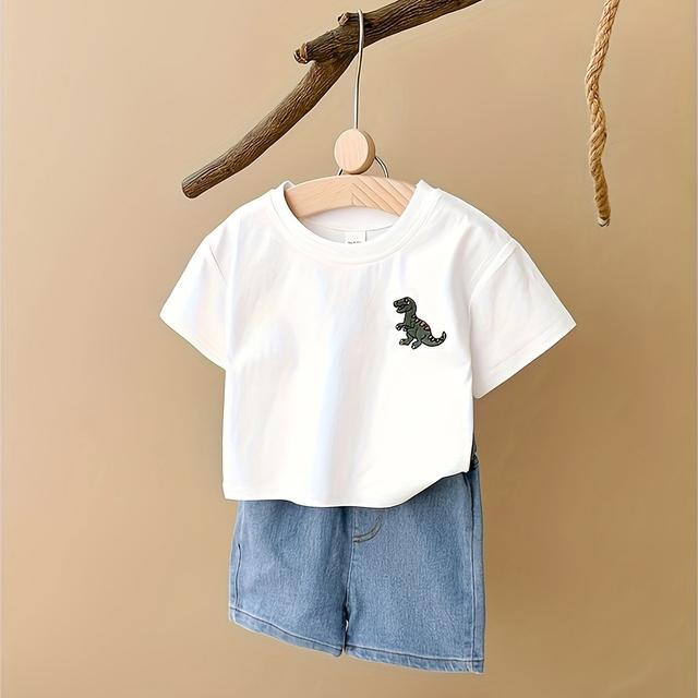 TEMU 2pcs, Newborn Children's Cute Cartoon Dinosaur Embroidery Casual Comfortable Short Sleeve T-shirt And Shorts Set For Summer, Perfect For Outdoor