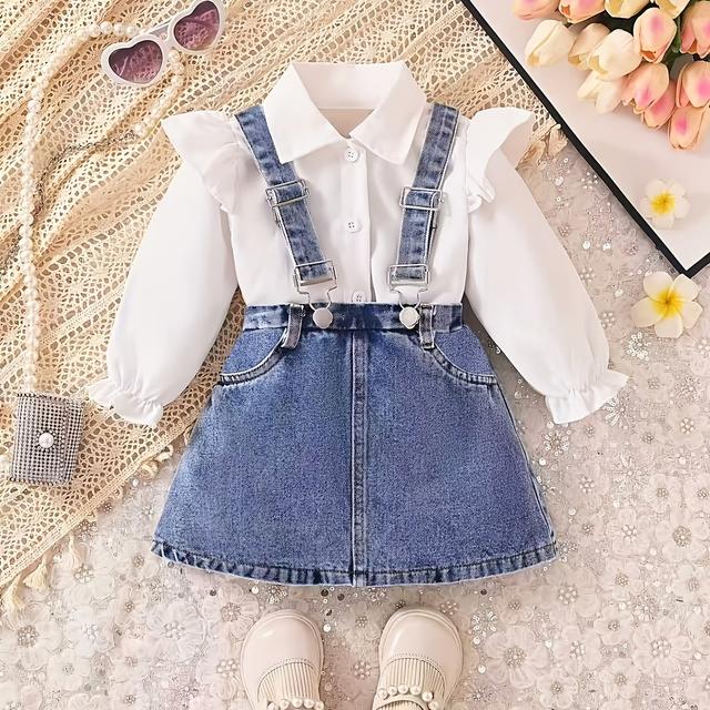 TEMU Girls' Christmas Valentine's Autumn Denim Suspender Skirt Set With White Long Sleeve Ruffle Shoulder Shirt, Fashionable Dress, Perfect For Outdoor