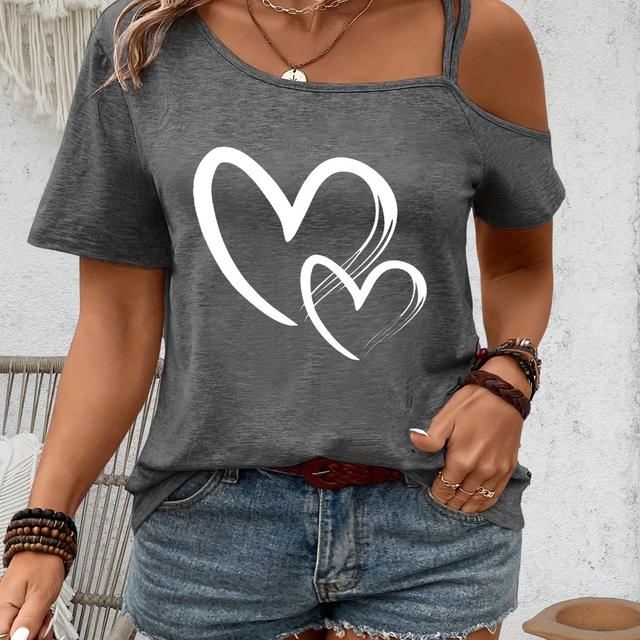 TEMU Plus Size - Plus Size - Off-shoulder Heart Pattern Plus Size T-shirt