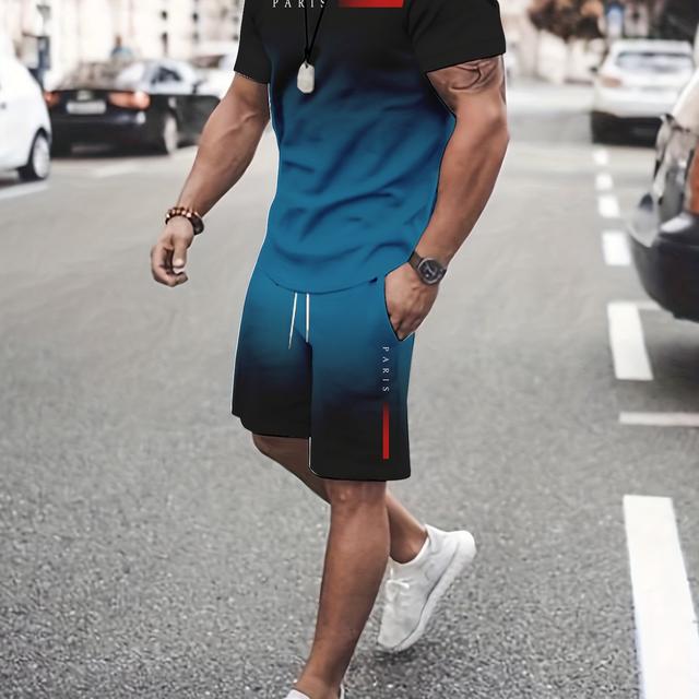 TEMU Geometric Print 2pcs Set: T-shirt + Casual Shorts - Men's Fashion Trendy Outfit