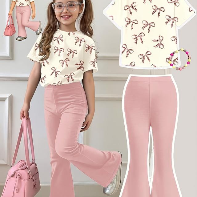 TEMU Summer Casual Fashion Short-sleeve Set With Bow Print With Pink Flared Pants, For Outdoor